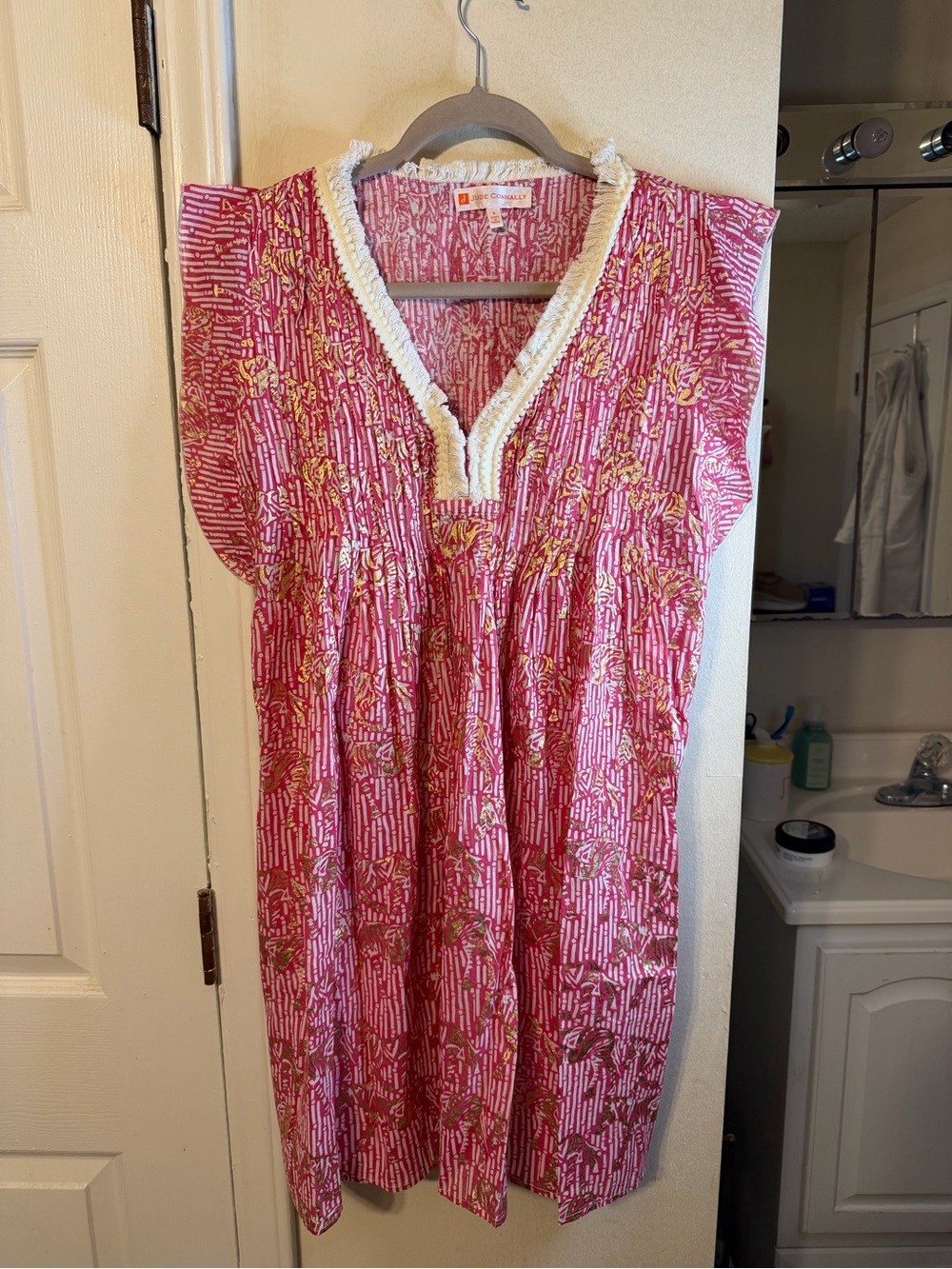 Jude Connally Pink Floral-Stripe Tunic with Cream Fringe
